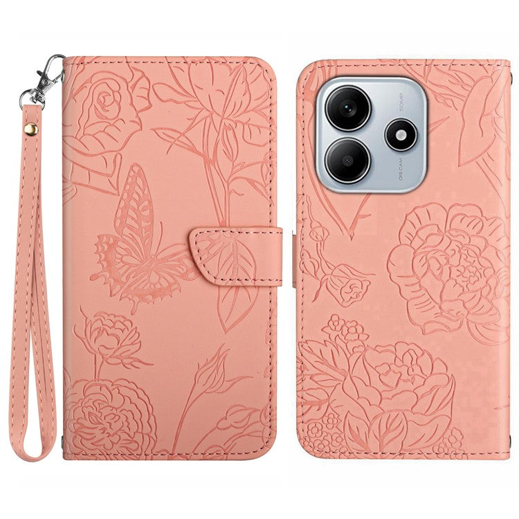 For Xiaomi Redmi Note 14 5G Case Leather Phone Cover with Strap, Butterfly Flower Imprint - Pink