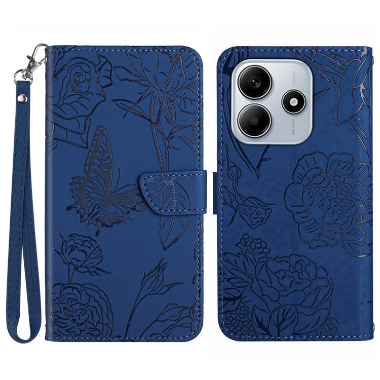 For Xiaomi Redmi Note 14 5G Case Leather Phone Cover with Strap, Butterfly Flower Imprint - Blue