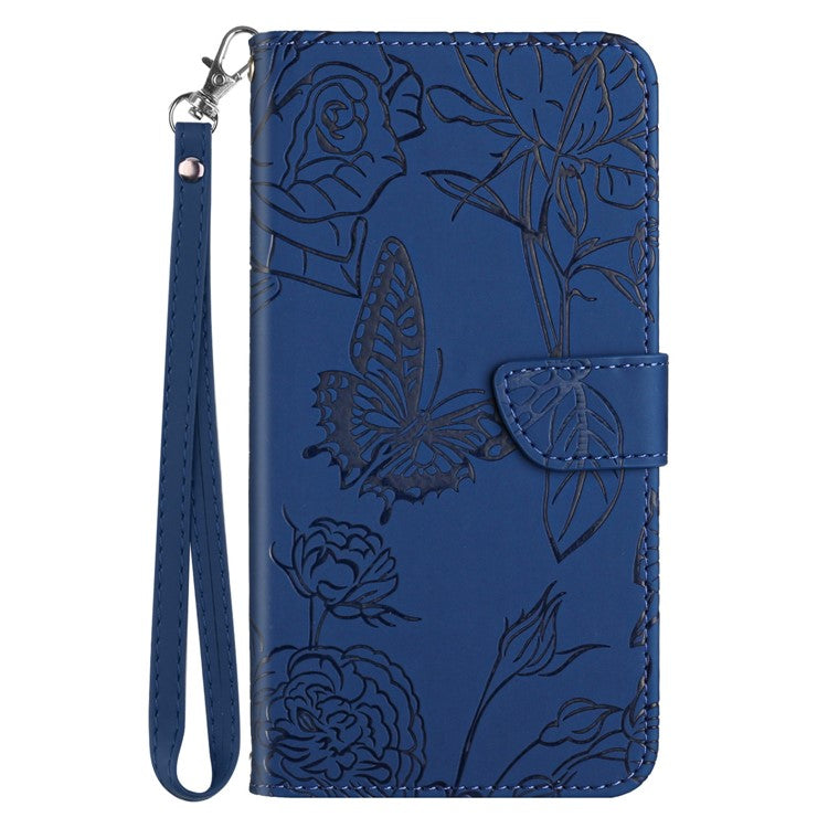 For Xiaomi Redmi Note 14 5G Case Leather Phone Cover with Strap, Butterfly Flower Imprint - Blue