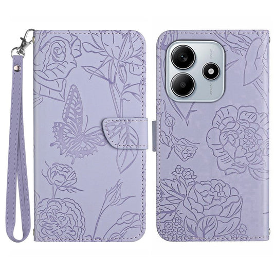 For Xiaomi Redmi Note 14 5G Case Leather Phone Cover with Strap, Butterfly Flower Imprint - Lavender Purple