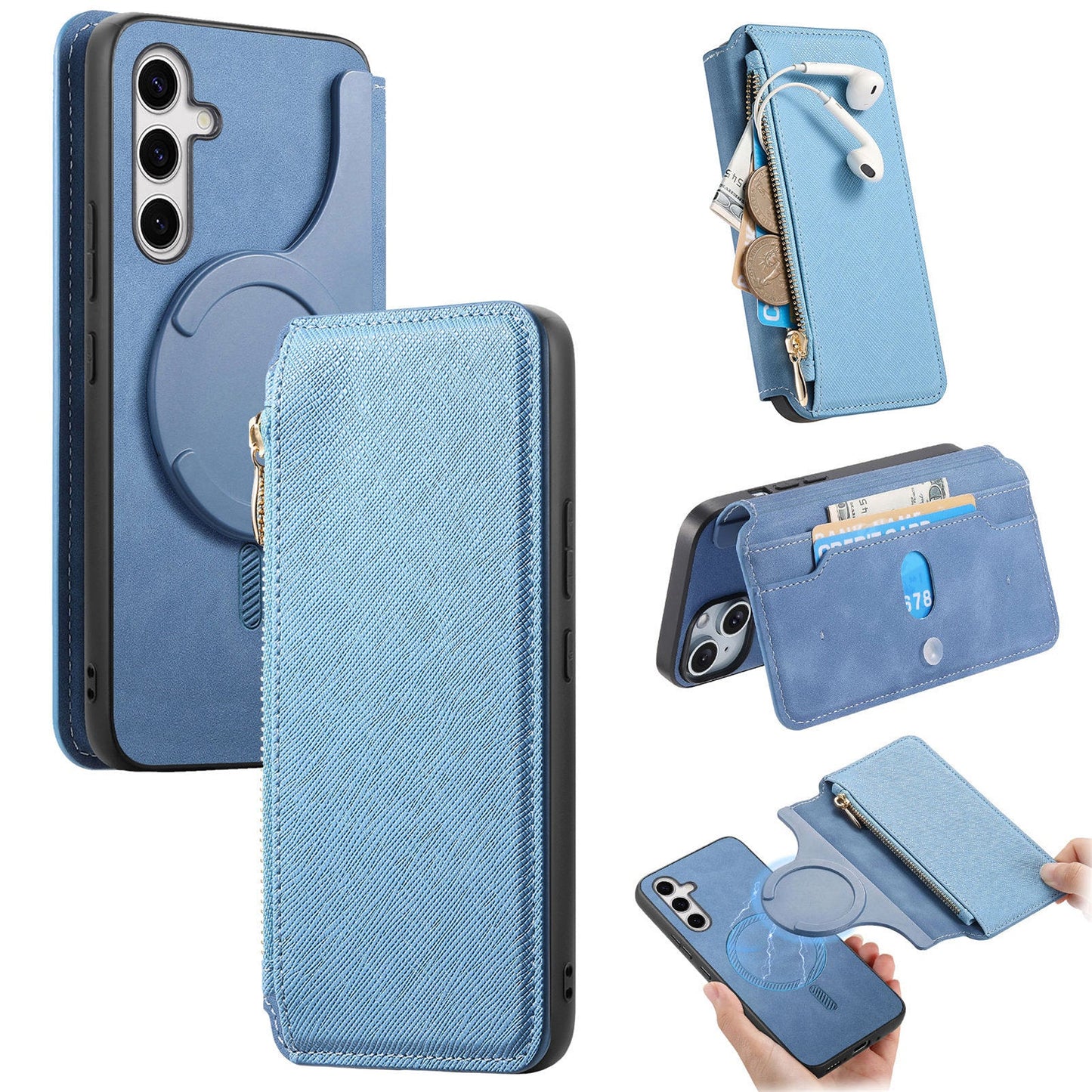 For Samsung Galaxy S25 Leather Case CASENEO Cross Texture Detachable Magnetic Phone Cover Wallet Stand - Blue