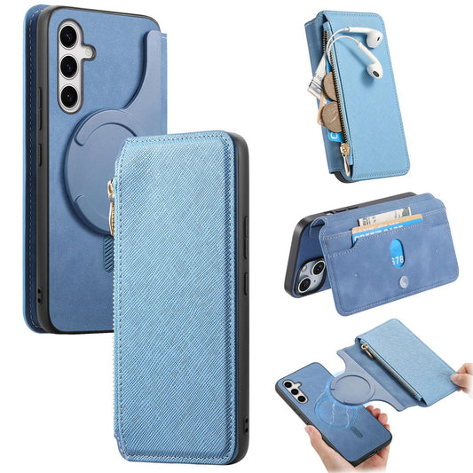 For Samsung Galaxy S25 Leather Case CASENEO Cross Texture Detachable Magnetic Phone Cover Wallet Stand - Blue