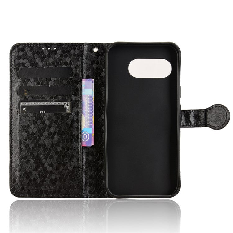 For Google Pixel 9a Wallet Case Dot Pattern Imprint PU Leather Phone Cover - Black