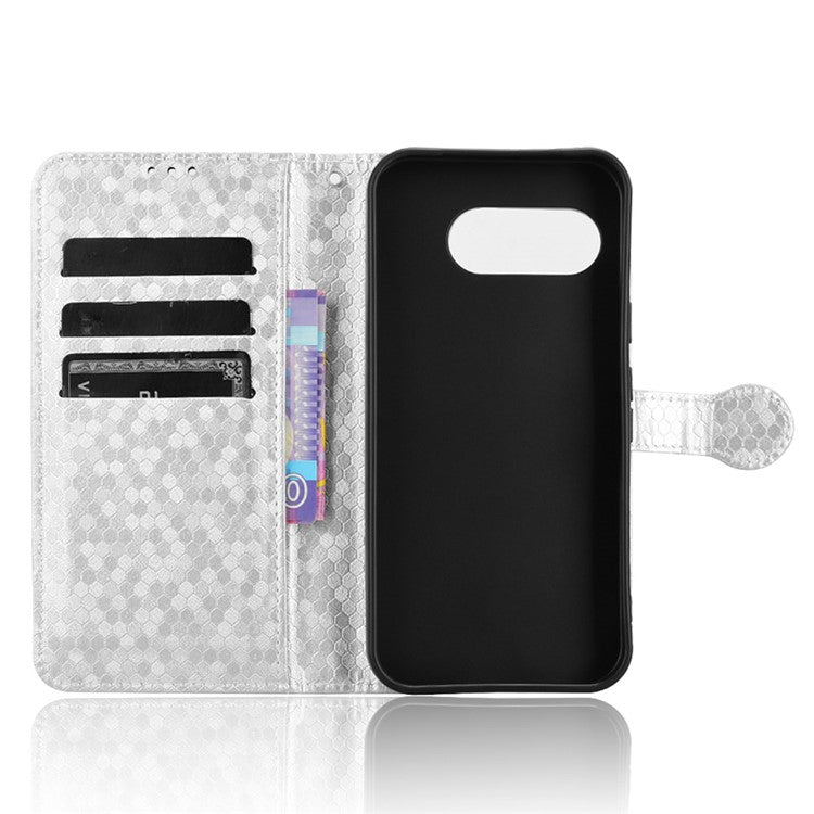 For Google Pixel 9a Wallet Case Dot Pattern Imprint PU Leather Phone Cover - Silver