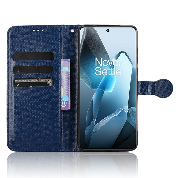 For OnePlus 13 Wallet Case Dot Pattern Imprint PU Leather Phone Cover - Dark Blue