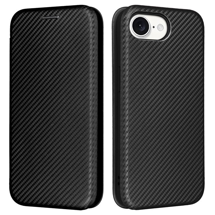 For iPhone 16e Case Carbon Fiber Texture Drop-Proof PU Leather Phone Cover - Black