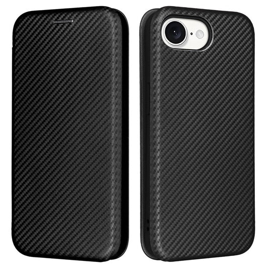 For iPhone 16e Case Carbon Fiber Texture Drop-Proof PU Leather Phone Cover - Black