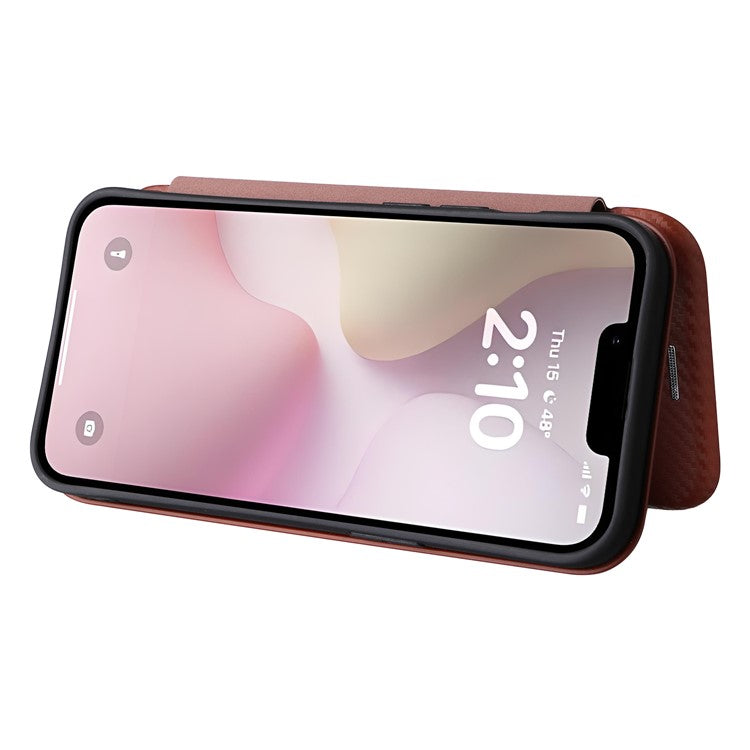 For iPhone 16e Case Carbon Fiber Texture Drop-Proof PU Leather Phone Cover - Brown