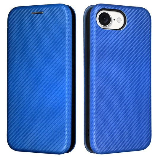 For iPhone 16e Case Carbon Fiber Texture Drop-Proof PU Leather Phone Cover - Blue