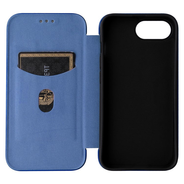 For iPhone 16e Case Carbon Fiber Texture Drop-Proof PU Leather Phone Cover - Blue