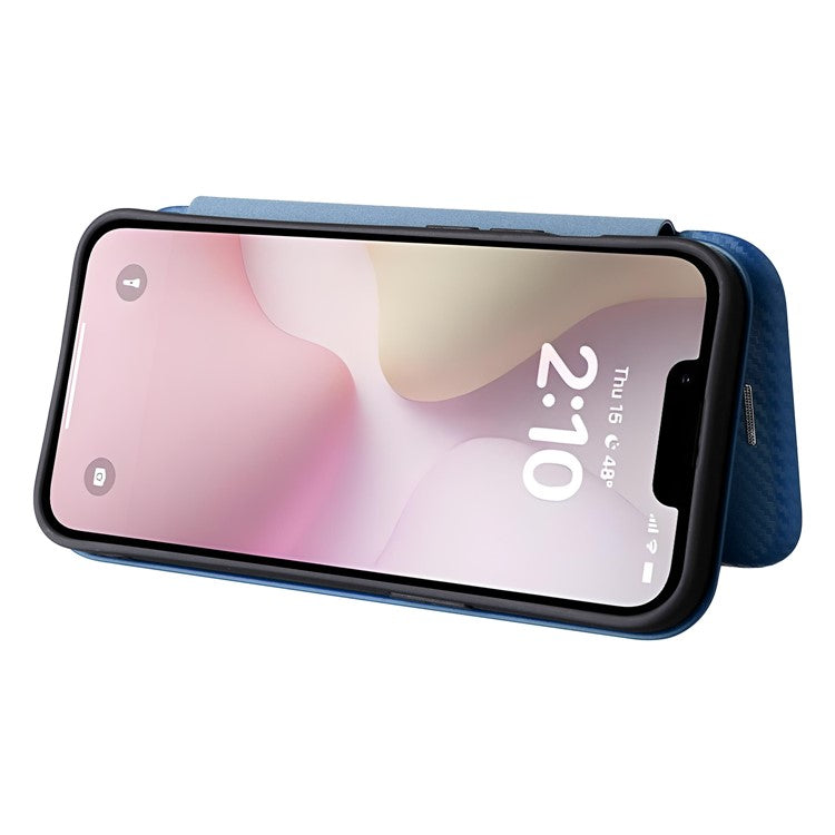 For iPhone 16e Case Carbon Fiber Texture Drop-Proof PU Leather Phone Cover - Blue