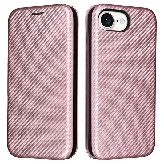 For iPhone 16e Case Carbon Fiber Texture Drop-Proof PU Leather Phone Cover - Rose Gold