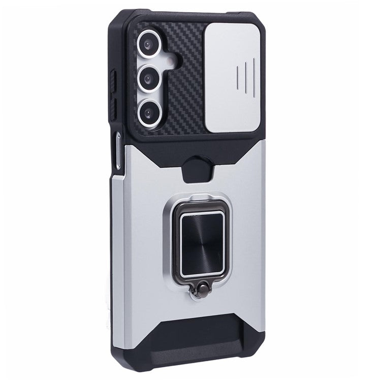 For Samsung Galaxy A16 4G / 5G Kickstand Case Slide Lens Lid PC+TPU Phone Cover with Card Slot - Silver