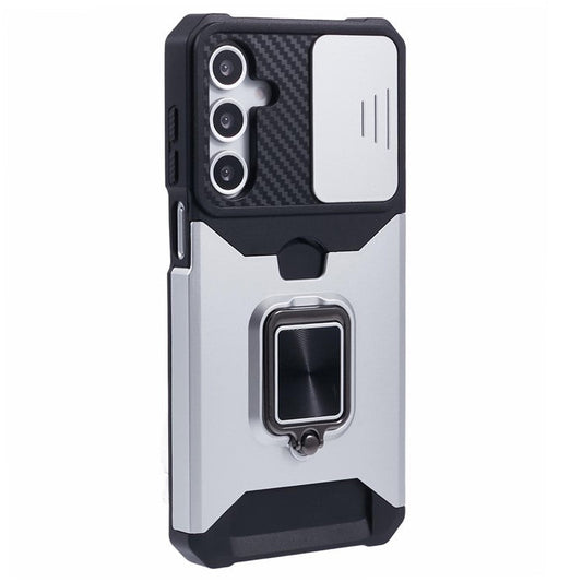 For Samsung Galaxy A16 4G / 5G Kickstand Case Slide Lens Lid PC+TPU Phone Cover with Card Slot - Silver