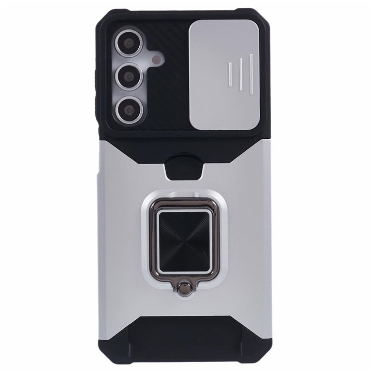 For Samsung Galaxy A16 4G / 5G Kickstand Case Slide Lens Lid PC+TPU Phone Cover with Card Slot - Silver