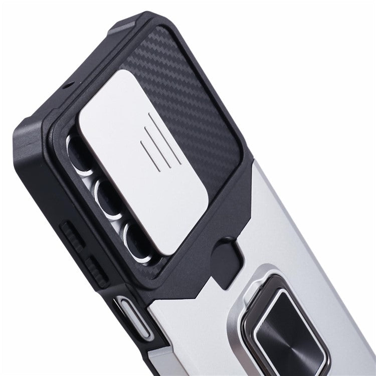 For Samsung Galaxy A16 4G / 5G Kickstand Case Slide Lens Lid PC+TPU Phone Cover with Card Slot - Silver