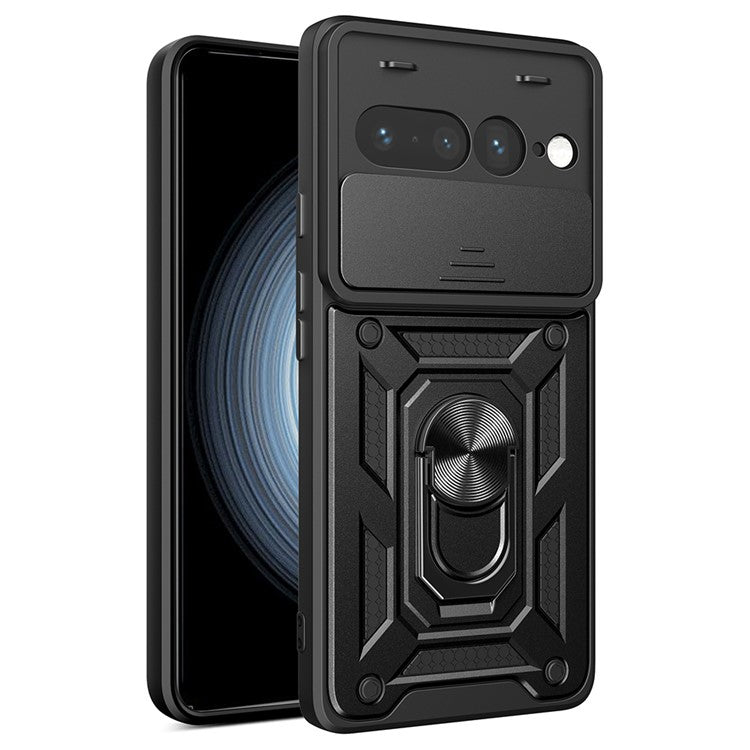 For Google Pixel 7 Pro 5G Case with Slide Camera Lid PC+TPU Kickstand Phone Cover - Black