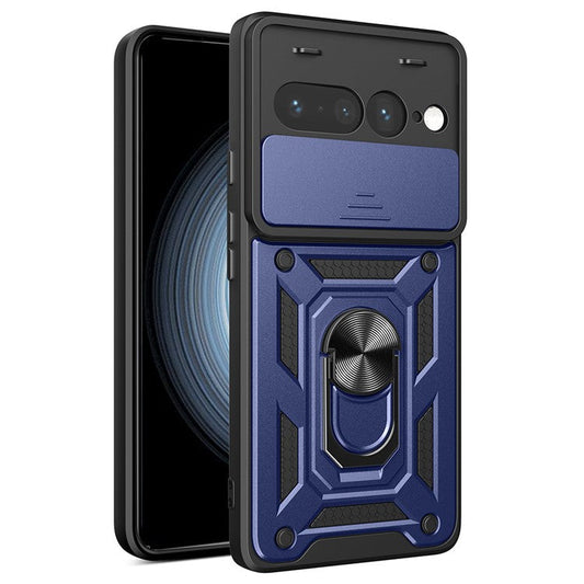 For Google Pixel 7 Pro 5G Case with Slide Camera Lid PC+TPU Kickstand Phone Cover - Blue
