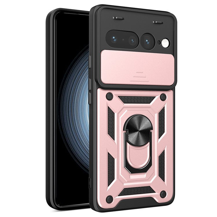 For Google Pixel 7 Pro 5G Case with Slide Camera Lid PC+TPU Kickstand Phone Cover - Rose Gold
