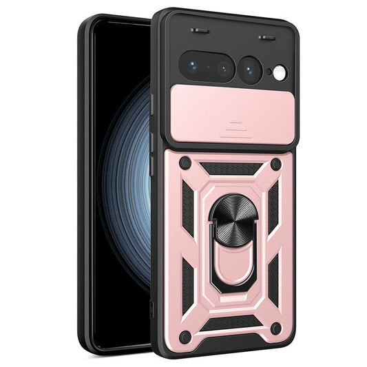 For Google Pixel 7 Pro 5G Case with Slide Camera Lid PC+TPU Kickstand Phone Cover - Rose Gold