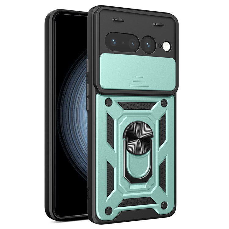 For Google Pixel 7 Pro 5G Case with Slide Camera Lid PC+TPU Kickstand Phone Cover - Green