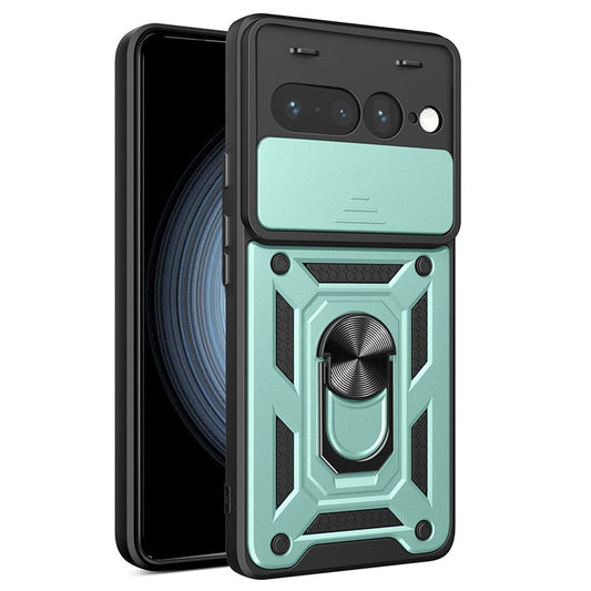 For Google Pixel 7 Pro 5G Case with Slide Camera Lid PC+TPU Kickstand Phone Cover - Green