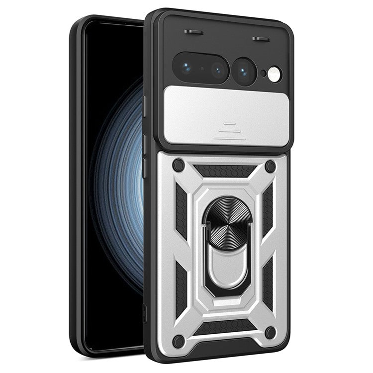For Google Pixel 7 Pro 5G Case with Slide Camera Lid PC+TPU Kickstand Phone Cover - Silver