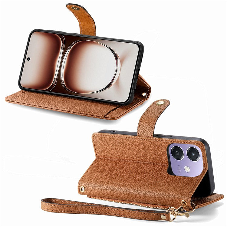 RFID Blocking Case For Oppo A3x 4G / A40 4G / A60 5G Zipper Pocket Leather Wallet Phone Cover - Brown