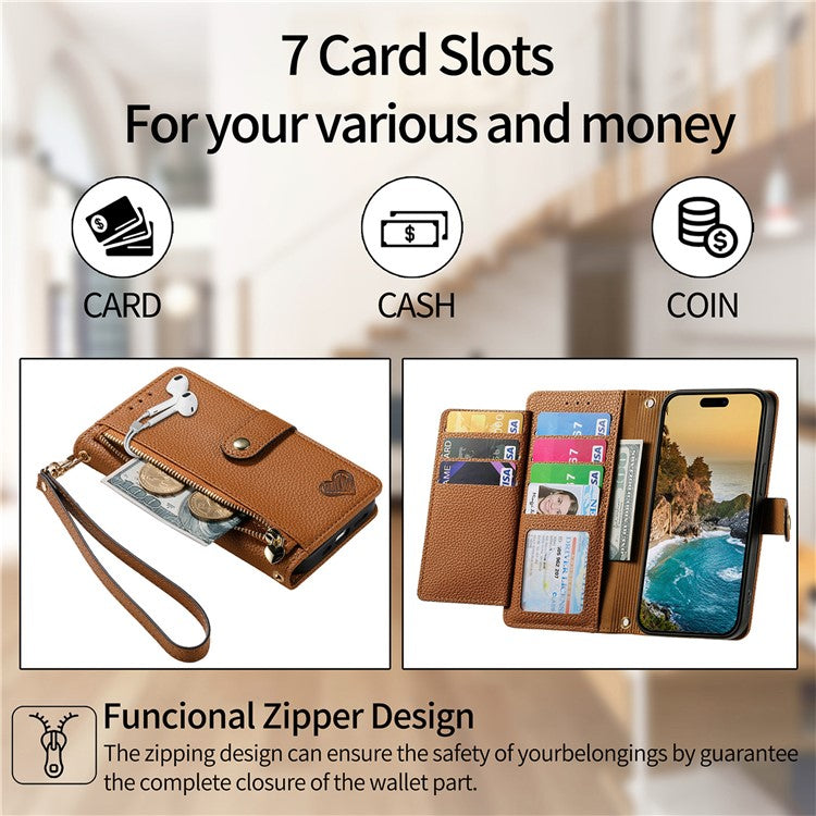 RFID Blocking Case For Oppo A3x 4G / A40 4G / A60 5G Zipper Pocket Leather Wallet Phone Cover - Brown