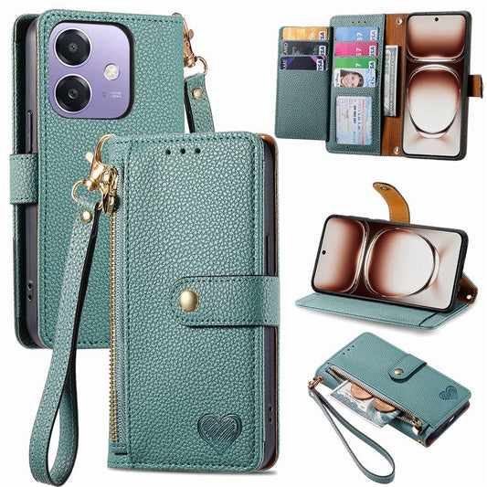 RFID Blocking Case For Oppo A3x 4G / A40 4G / A60 5G Zipper Pocket Leather Wallet Phone Cover - Green