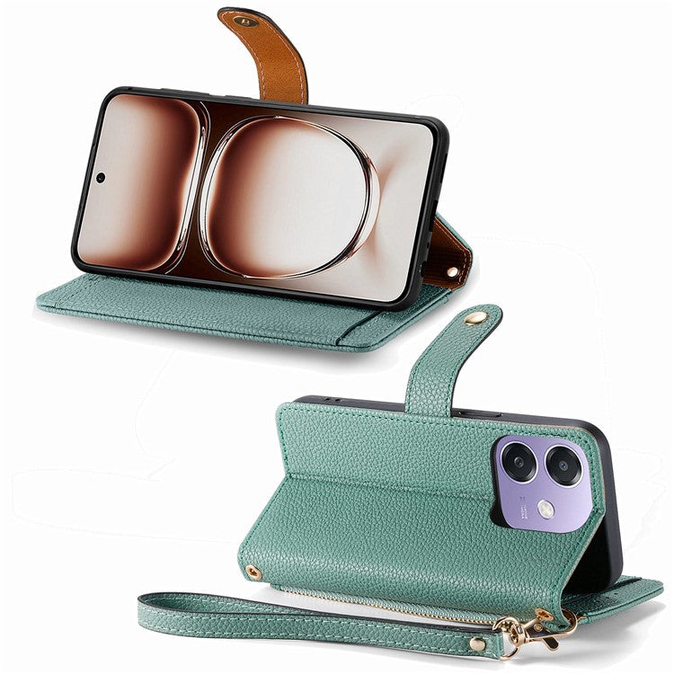 RFID Blocking Case For Oppo A3x 4G / A40 4G / A60 5G Zipper Pocket Leather Wallet Phone Cover - Green