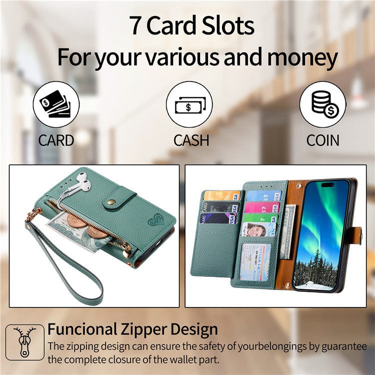 RFID Blocking Case For Oppo A3x 4G / A40 4G / A60 5G Zipper Pocket Leather Wallet Phone Cover - Green