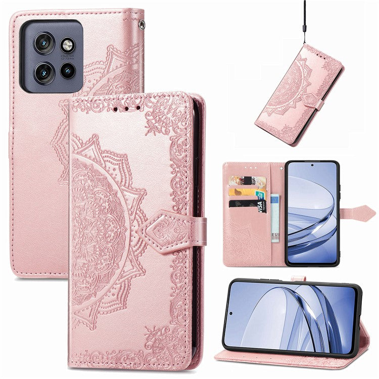 Wallet Case For Motorola Thinkphone 25 5G / Moto S50 5G / Edge 50 Neo 5G Mandala Flower Leather Phone Cover Stand View - Rose Gold
