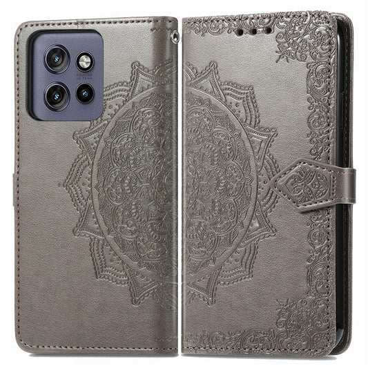 Wallet Case For Motorola ThinkPhone 25 5G / Moto S50 5G / Edge 50 Neo 5G Mandala Flower Leather Phone Cover Stand View - Grey