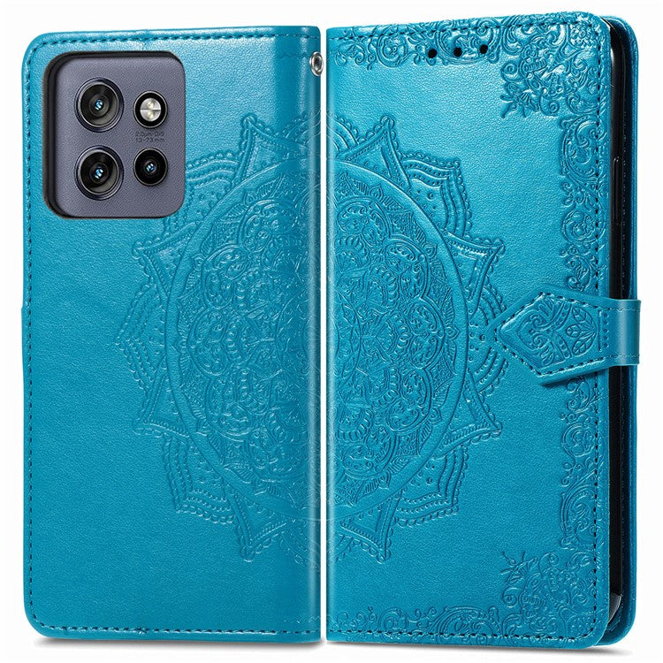 Wallet Case For Motorola ThinkPhone 25 5G / Moto S50 5G / Edge 50 Neo 5G Mandala Flower Leather Phone Cover Stand View - Blue