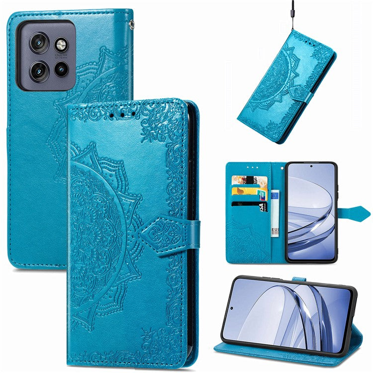 Wallet Case For Motorola ThinkPhone 25 5G / Moto S50 5G / Edge 50 Neo 5G Mandala Flower Leather Phone Cover Stand View - Blue