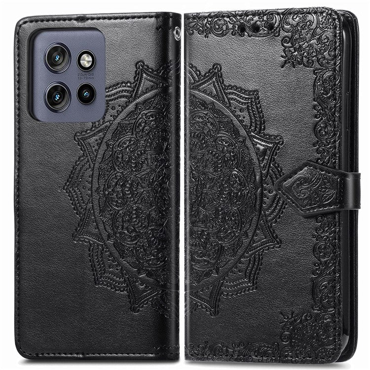 Wallet Case For Motorola ThinkPhone 25 5G / Moto S50 5G / Edge 50 Neo 5G Mandala Flower Leather Phone Cover Stand View - Black