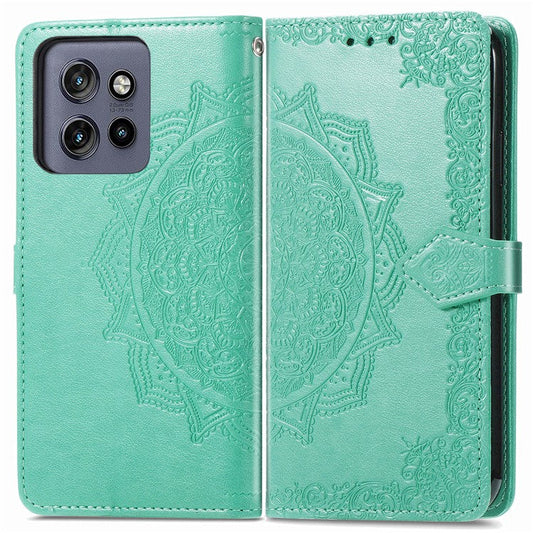 Wallet Case For Motorola ThinkPhone 25 5G / Moto S50 5G / Edge 50 Neo 5G Mandala Flower Leather Phone Cover Stand View - Green