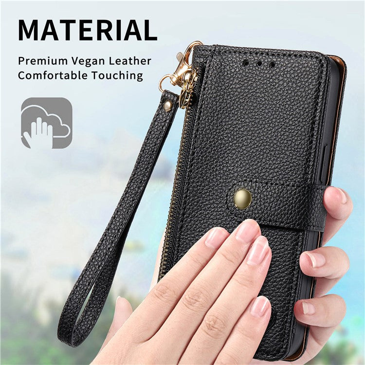 For Motorola Moto G75 5G Case RFID Blocking Zipper Pocket Leather Wallet Phone Cover - Black
