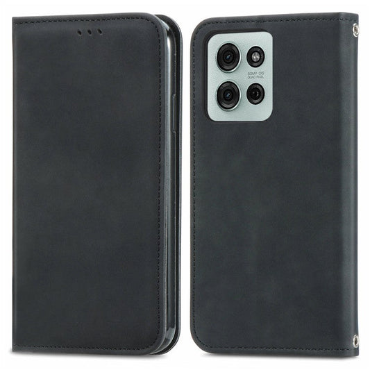 For Motorola Moto G75 5G Case Skin Touch Feeling Leather Card Holder Phone Cover Magnetic Absorption - Black
