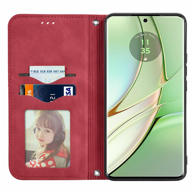 For Motorola Moto G75 5G Case Skin Touch Feeling Leather Card Holder Phone Cover Magnetic Absorption - Red