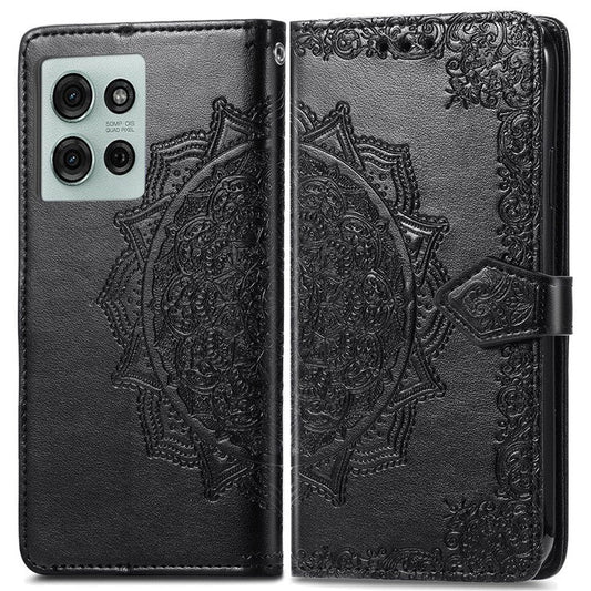 For Motorola Moto G75 5G Wallet Case Mandala Flower Leather Phone Cover Stand View - Black