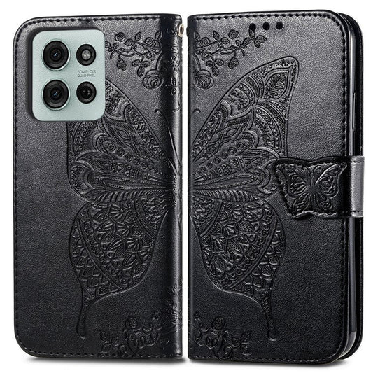 For Motorola Moto G75 5G Case PU Leather Wallet Phone Cover Butterfly Pattern - Black