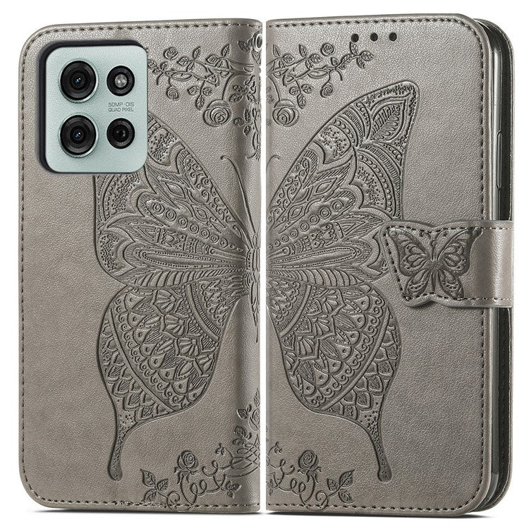 For Motorola Moto G75 5G Case PU Leather Wallet Phone Cover Butterfly Pattern - Grey