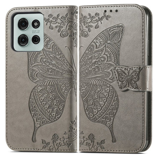 For Motorola Moto G75 5G Case PU Leather Wallet Phone Cover Butterfly Pattern - Grey