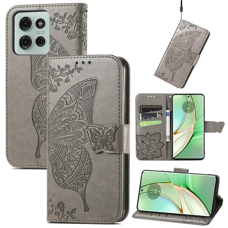 For Motorola Moto G75 5G Case PU Leather Wallet Phone Cover Butterfly Pattern - Grey
