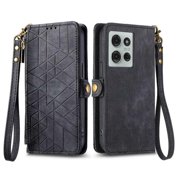 For Motorola Moto G75 5G Case Zipper Wallet Geometry Lines Leather Phone Cover - Black