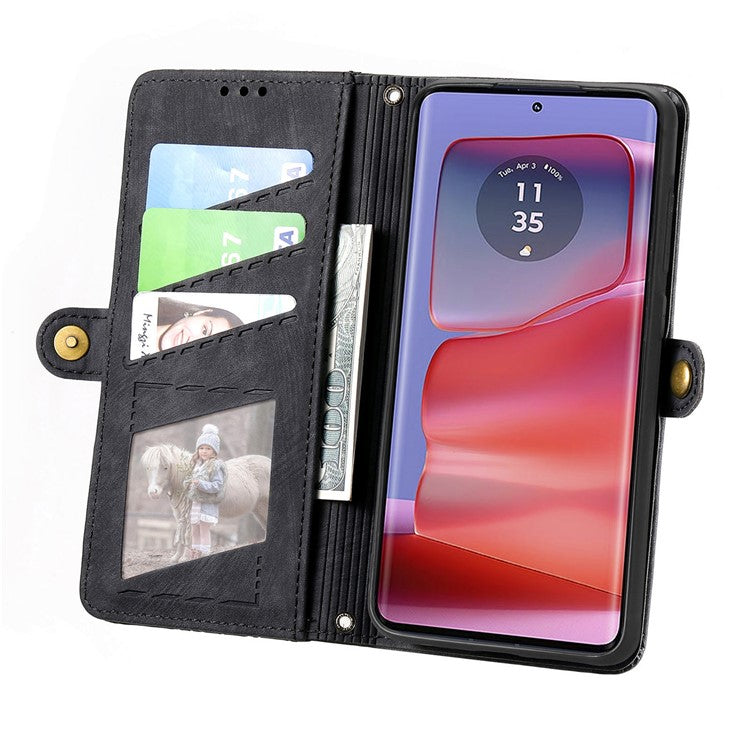 For Motorola Moto G75 5G Case Zipper Wallet Geometry Lines Leather Phone Cover - Black