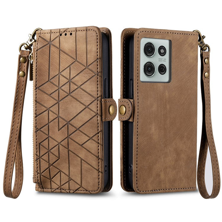 For Motorola Moto G75 5G Case Zipper Wallet Geometry Lines Leather Phone Cover - Brown