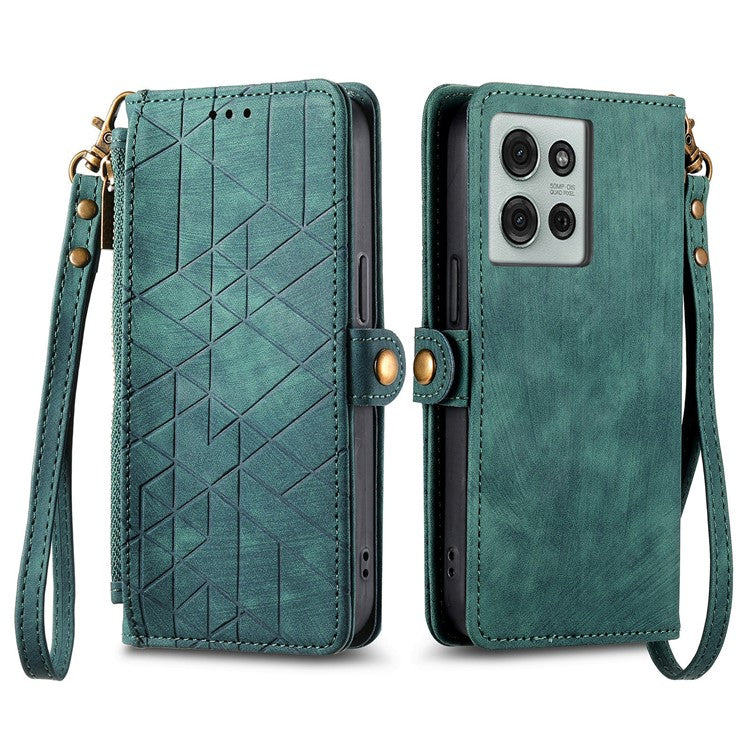 For Motorola Moto G75 5G Case Zipper Wallet Geometry Lines Leather Phone Cover - Green